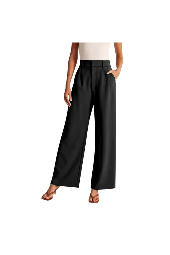 Womens Elegant Wide Leg Pants Elastic High Waisted Baggy Business Casual Work Trousers Solid Color Basic Soft Comfy Oversized Dressy Pants with Pockets Black XXL