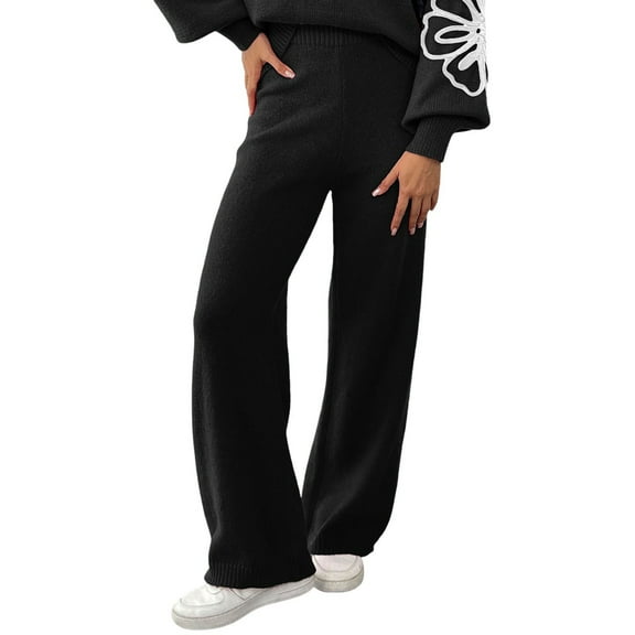Arlun Womens Embroidery Flowers Crochet Sweater Pants Casual High Waisted Boho Straight Leg Knit Beach Loungewear Pants Winter Soft Stretch Comfort Warm Trousers Black2 S