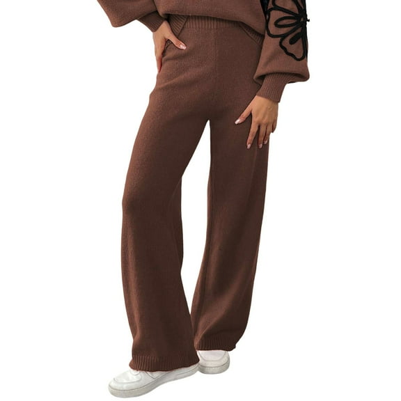 Arlun Womens Embroidery Flowers Crochet Sweater Pants Casual High Waisted Boho Straight Leg Knit Beach Loungewear Pants Winter Soft Stretch Comfort Warm Trousers Coffee2 S