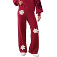 thumbnail image 1 of Arlun Womens Embroidery Flowers Crochet Sweater Pants Casual High Waisted Boho Straight Leg Knit Beach Loungewear Pants Winter Soft Stretch Comfort Warm Trousers Red L, 1 of 8