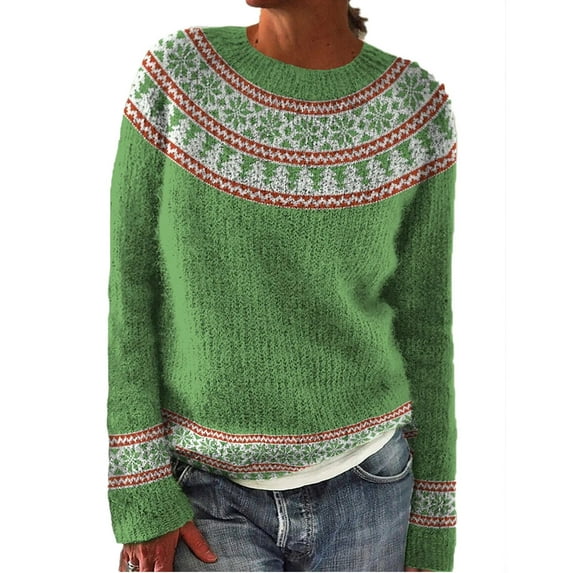 Arlun Womens Fair Isle Knitted Sweaters Vintage Boho Printed Crew Neck Soft Cozy Knit Pullover Sweater Long Sleeve Elastic Oversized Fall Winter Casual Tops Z-Green S