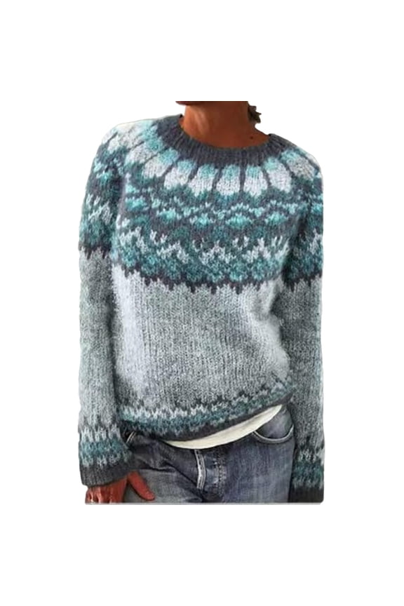 Womens Fair Isle Knitted Sweaters Vintage Boho Printed Crew Neck Soft Cozy Knit Pullover Sweater Long Sleeve Elastic Oversized Fall Winter Casual Tops Z-Sky Blue XXL