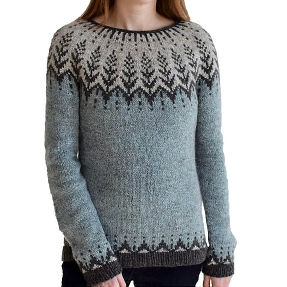 Arlun Womens Fair Isle Knitted Sweaters Vintage Boho Printed Crew Neck Soft Cozy Knit Pullover Sweater Long Sleeve Elastic Oversized Fall Winter Casual Tops Z-Grey S