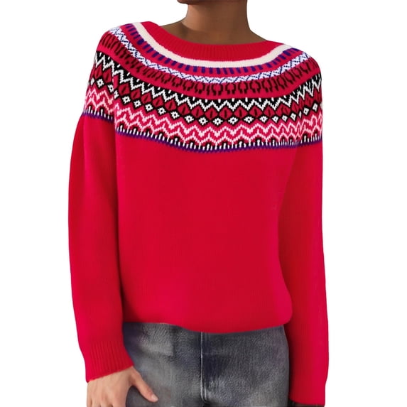Arlun Womens Fair Isle Sweaters Vintage Argyle Iceland Oversized Sweaters Colorful Crew Neck Loose Comfortable Knit Tops Long Sleeve Fall Winter Warm Pullover Tops Red S