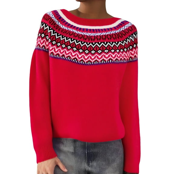 Arlun Womens Fair Isle Sweaters Vintage Argyle Iceland Oversized Sweaters Colorful Crew Neck Loose Comfortable Knit Tops Long Sleeve Fall Winter Warm Pullover Tops Red M