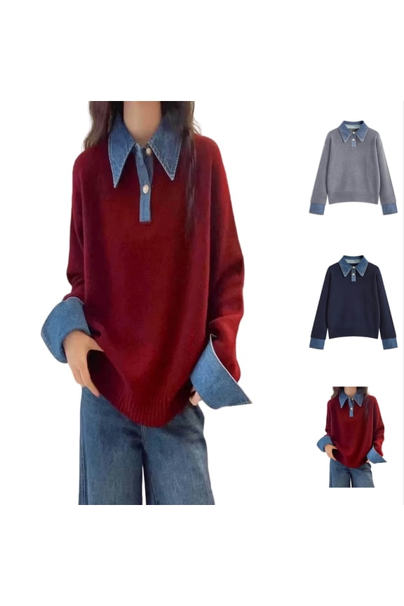 Womens Fall Long Sleeve Sweaters 2 in 1 Denim Panel Lapel Sweaters Button up Loose Fit Soft Comfortable Warm Fashion Polo Knit Sweater Tops Grey L
