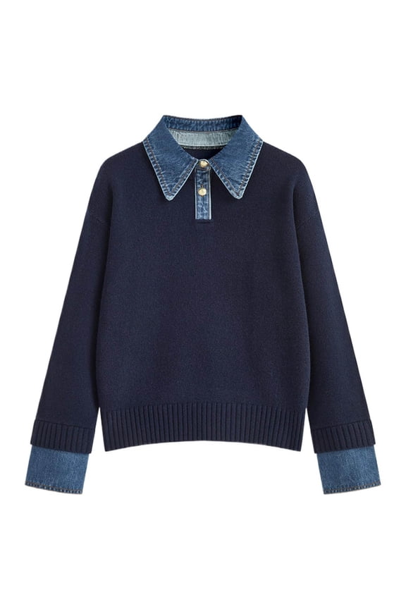 Womens Fall Long Sleeve Sweaters 2 in 1 Denim Panel Lapel Sweaters Button up Loose Fit Soft Comfortable Warm Fashion Polo Knit Sweater Tops Navy S