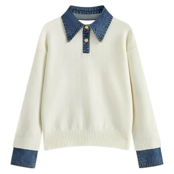Arlun Womens Fall Winter Oversized Long Sleeve Sweaters 2 in 1 Denim Panel Lapel Sweater Trendy Solid Color Polo Knit Pullover Tops 2026 Fashion Work Causal Outfits White One Size