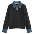 thumbnail image 1 of Arlun Womens Fall Winter Oversized Long Sleeve Sweaters 2 in 1 Denim Panel Lapel Sweater Trendy Solid Color Polo Knit Pullover Tops 2026 Fashion Work Causal Outfits Black One Size, 1 of 3