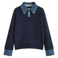 thumbnail image 1 of Arlun Womens Fall Winter Oversized Long Sleeve Sweaters 2 in 1 Denim Panel Lapel Sweater Trendy Solid Color Polo Knit Pullover Tops 2026 Fashion Work Causal Outfits Navy One Size, 1 of 3