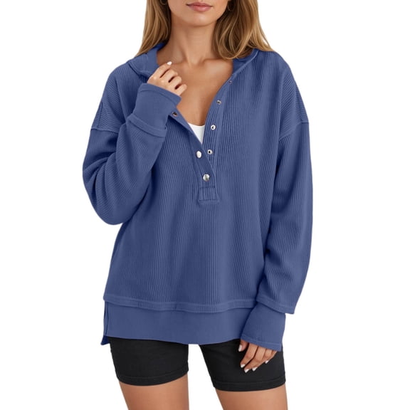 Arlun Womens Fashion 2025 Oversized Long Sleeve Hoodies Button up V-Neck Hooded Sweatshirts Trendy Side Slit Solid Color Casual Ribbing Pullover Tops Navy L
