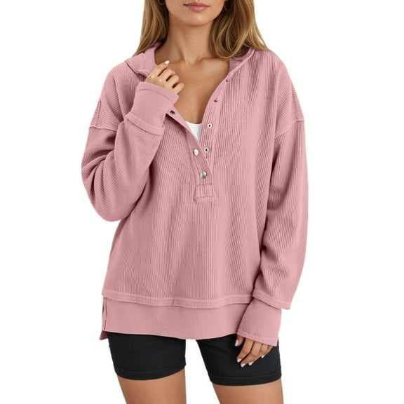 Arlun Womens Fashion 2025 Oversized Long Sleeve Hoodies Button up V-Neck Hooded Sweatshirts Trendy Side Slit Solid Color Casual Ribbing Pullover Tops Pink XXL
