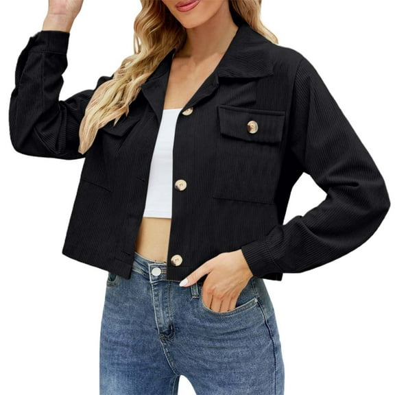 Arlun Womens Fashion Cropped Corduroy Shackets Button down Lapel Long Sleeve Jackets Tops Fall Trendy Loose Fit Comfortable Solid Color Outwear with Pockets Black S