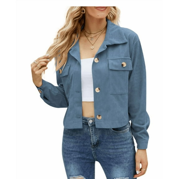Arlun Womens Fashion Cropped Corduroy Shackets Button down Lapel Long Sleeve Jackets Tops Fall Trendy Loose Fit Comfortable Solid Color Outwear with Pockets Blue S