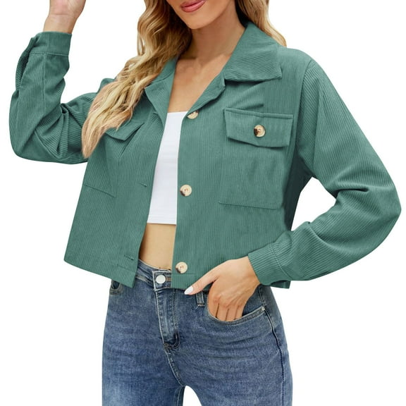 Arlun Womens Fashion Cropped Corduroy Shackets Button down Lapel Long Sleeve Jackets Tops Fall Trendy Loose Fit Comfortable Solid Color Outwear with Pockets Green M