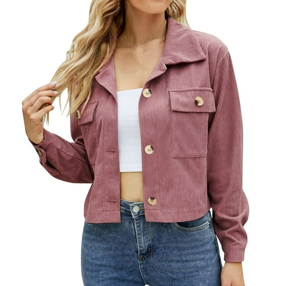 Arlun Womens Fashion Cropped Corduroy Shackets Button down Lapel Long Sleeve Jackets Tops Fall Trendy Loose Fit Comfortable Solid Color Outwear with Pockets Pink XL
