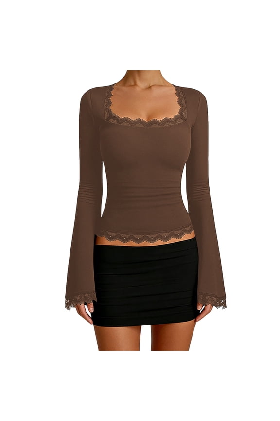 Womens Fashion Square Neck Lace Trim Long Bell Sleeves T-Shirts Double Lined Casual Slim Fit Tight Tops Soft Comfy Lightweight Stretch Solid Color Base Layer Pullover Coffee XL