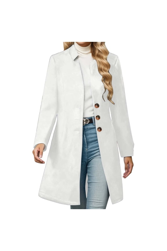 Womens Wool Coats Solid Color Mid-Long Stand Collar Overcoats 2025 Winter Fashion Double Pea Coat Business Casual Loose Long Sleeve Outwear Clothes White S