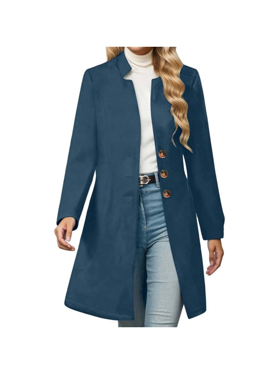 Womens Wool Coats Solid Color Mid-Long Stand Collar Overcoats 2025 Winter Fashion Double Pea Coat Business Casual Loose Long Sleeve Outwear Clothes Blue S