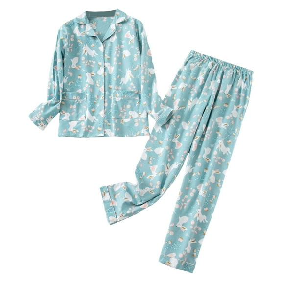 Arlun Womens Flannel Cute Pajama Sets Fashion Plaid Cartoon Pattern Printed 2 Piece Pjs Loose Soft Comfortable Warm Loungewear Button Down Long Sleeve Trousers Fall Winter Pajamas Set Blue M