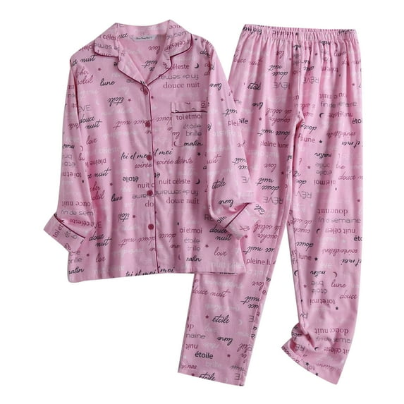 Arlun Womens Flannel Cute Pajama Sets Fashion Plaid Cartoon Pattern Printed 2 Piece Pjs Loose Soft Comfortable Warm Loungewear Button Down Long Sleeve Trousers Fall Winter Pajamas Set Light Pink S