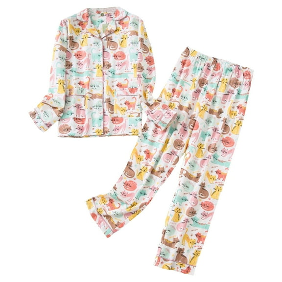 Arlun Womens Flannel Cute Pajama Sets Fashion Plaid Cartoon Pattern Printed 2 Piece Pjs Loose Soft Comfortable Warm Loungewear Button Down Long Sleeve Trousers Fall Winter Pajamas Set White2 M