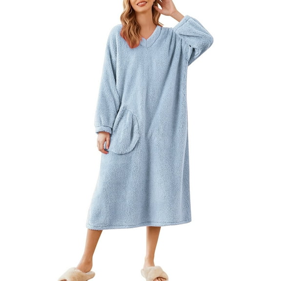Arlun Womens Flannel Nightgowns Long Sleeve Knee Length Winter Warm Sleepwear with Pockets Soft Loose Fit Solid Color Warm Comfortable Loungewear Light Blue M
