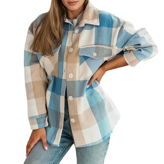 Arlun Womens Flannel Plaid Long Sleeve Jackets 2025 Fashion Lapel Button down Shacket Loose Comfortable Lightweight Long Sleeve Coat Fall Outwear with Pockets Sky Blue M