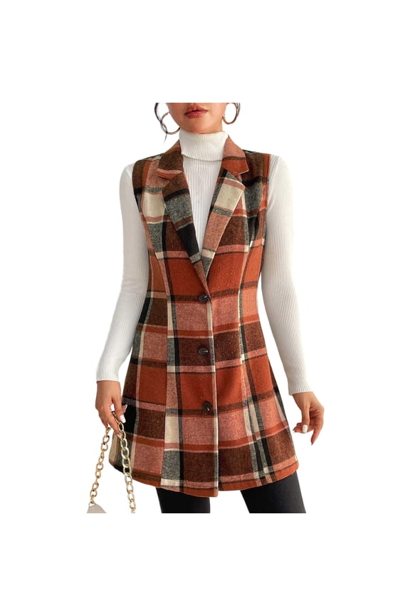 Womens Flannel Plaid Vest Coats Trendy Long Sleeveless Lapel Button down Jackets Casual Fall Winter Checkered Shacket No Hooded Coat Soft Comfort Outwear Red XL