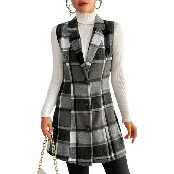Arlun Womens Flannel Plaid Vest Coats Trendy Long Sleeveless Lapel Button down Jackets Casual Fall Winter Checkered Shacket No Hooded Coat Soft Comfort Outwear Black S