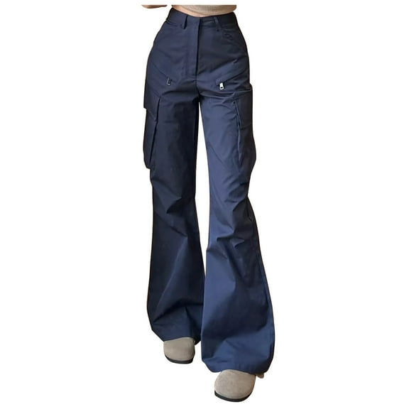Arlun,Womens Flared Cargo Pants Trendy Straight Leg Solid Color Casual Basic Trousers Fall New Women's Button Closure Street Style Petite Tall Leisure Pants Navy XS