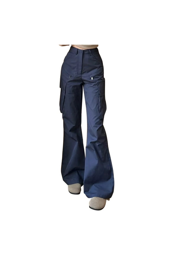 ,Womens Flared Cargo Pants Trendy Straight Leg Solid Color Casual Basic Trousers Fall New Women's Button Closure Street Style Petite Tall Leisure Pants Navy XS