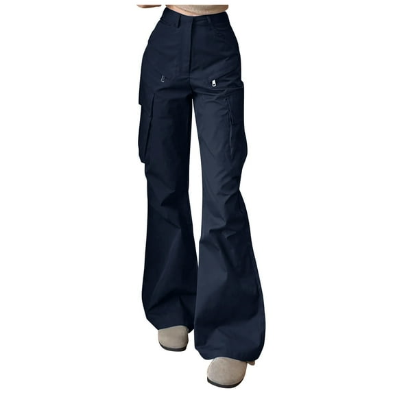 Arlun,Womens Flared Cargo Pants Trendy Straight Leg Solid Color Casual Basic Trousers Fall New Women's Button Closure Street Style Petite Tall Leisure Pants Black M