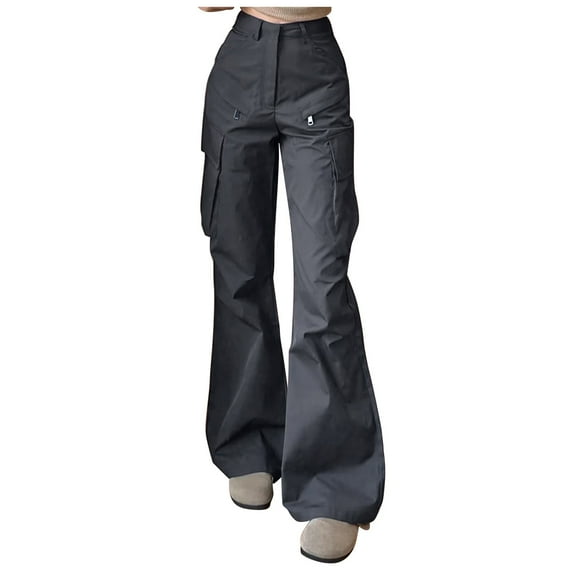 Arlun,Womens Flared Cargo Pants Trendy Straight Leg Solid Color Casual Basic Trousers Fall New Women's Button Closure Street Style Petite Tall Leisure Pants Grey M