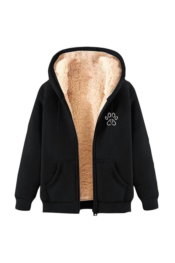 Womens Lined Full Zip Hoodie Jackets Thermal Warm Sherpa Zipper up Sweatshirts Coats Casual Trendy Cute Dog Paw Print Comfortable Soft Thickened Hooded Outwear Black1 XXL