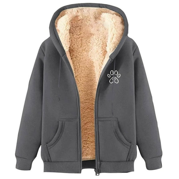 Arlun Womens Lined Full Zip Hoodie Jackets Thermal Warm Sherpa Zipper up Sweatshirts Coats Casual Trendy Cute Dog Paw Print Comfortable Soft Thickened Hooded Outwear Grey1 M