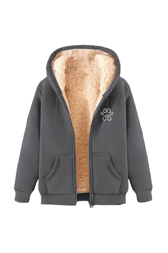 Womens Lined Full Zip Hoodie Jackets Thermal Warm Sherpa Zipper up Sweatshirts Coats Casual Trendy Cute Dog Paw Print Comfortable Soft Thickened Hooded Outwear Grey1 XL