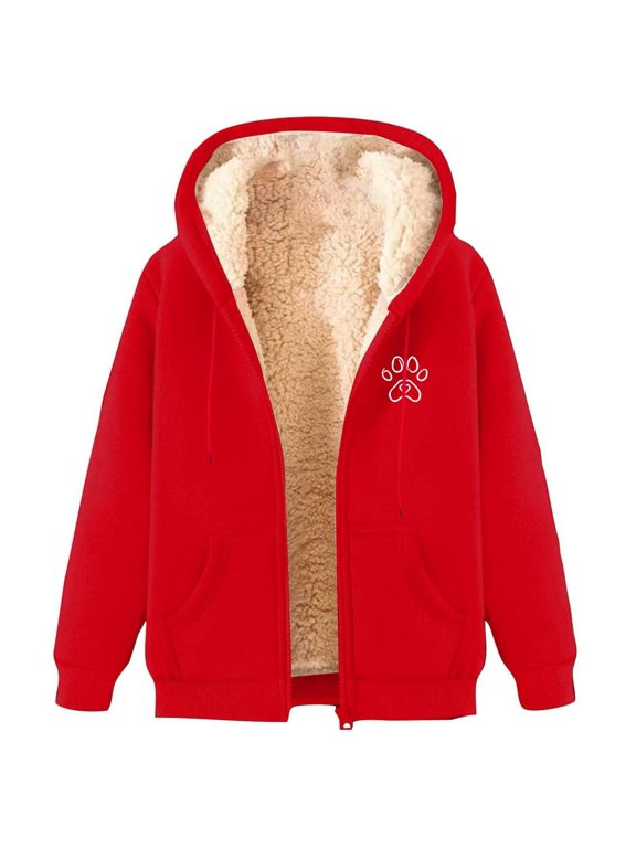 Womens Lined Full Zip Hoodie Jackets Thermal Warm Sherpa Zipper up Sweatshirts Coats Casual Trendy Cute Dog Paw Print Comfortable Soft Thickened Hooded Outwear Red1 XXXL