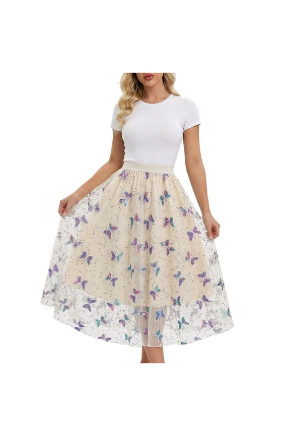 Womens Floral Midi Skirts High Waisted A Line Cute Layered Mesh Pleated Skirt Lightweight Swing Flowy Knee Length Casual Skirts Beige One Size