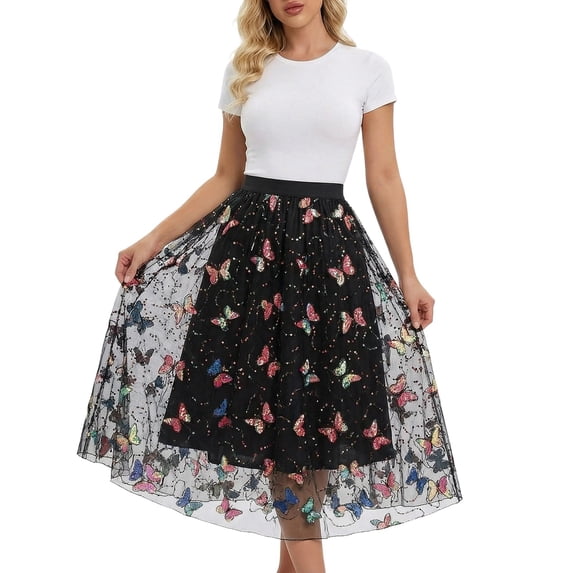 Arlun Womens Floral Midi Skirts High Waisted A Line Cute Layered Mesh Pleated Skirt Lightweight Swing Flowy Knee Length Casual Skirts Black One Size