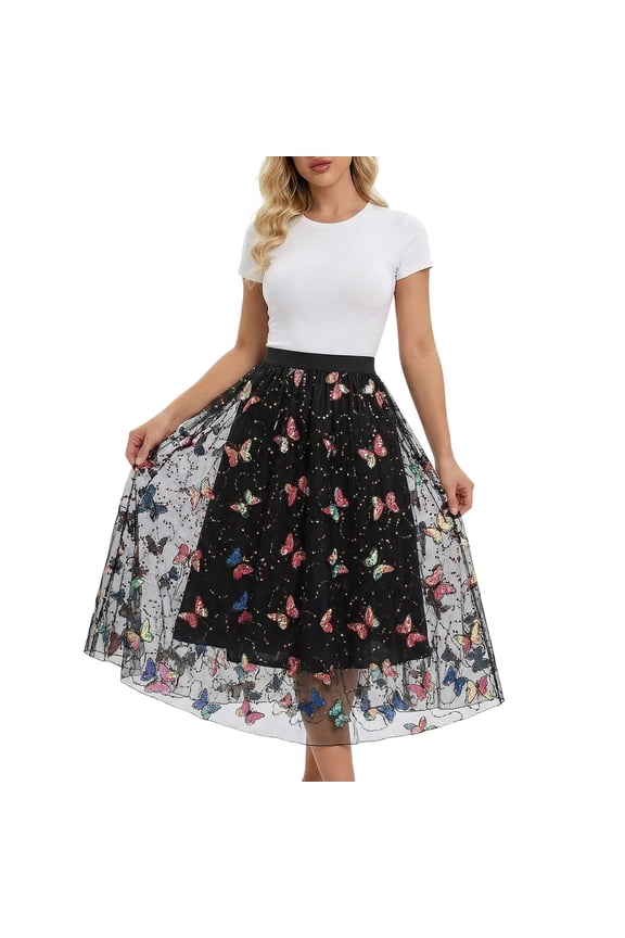 Womens Floral Midi Skirts High Waisted A Line Cute Layered Mesh Pleated Skirt Lightweight Swing Flowy Knee Length Casual Skirts Black One Size