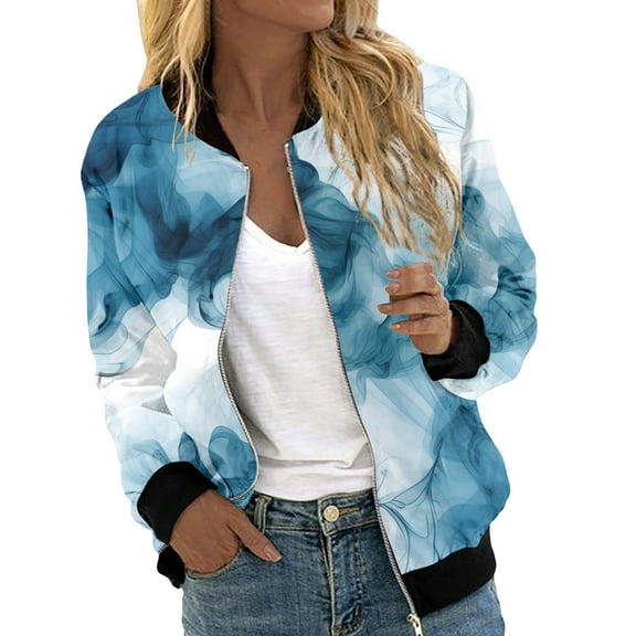 Arlun Womens Floral Printed Bomber Jackets Lightweight Zipper up Fashion Stand Collar Coats Casual Loose Fit Long Sleeve Full Zip Fall Jacket Windbreaker Outwear with Pockets Light Blue4 S