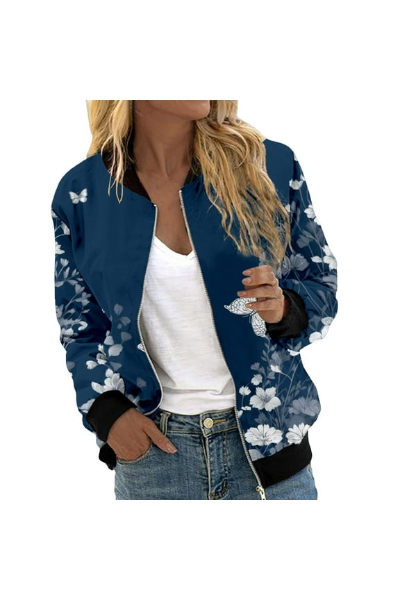 Womens Floral Printed Bomber Jackets Lightweight Zipper up Fashion Stand Collar Coats Casual Loose Fit Long Sleeve Full Zip Fall Jacket Windbreaker Outwear with Pockets Sky Blue4 XL