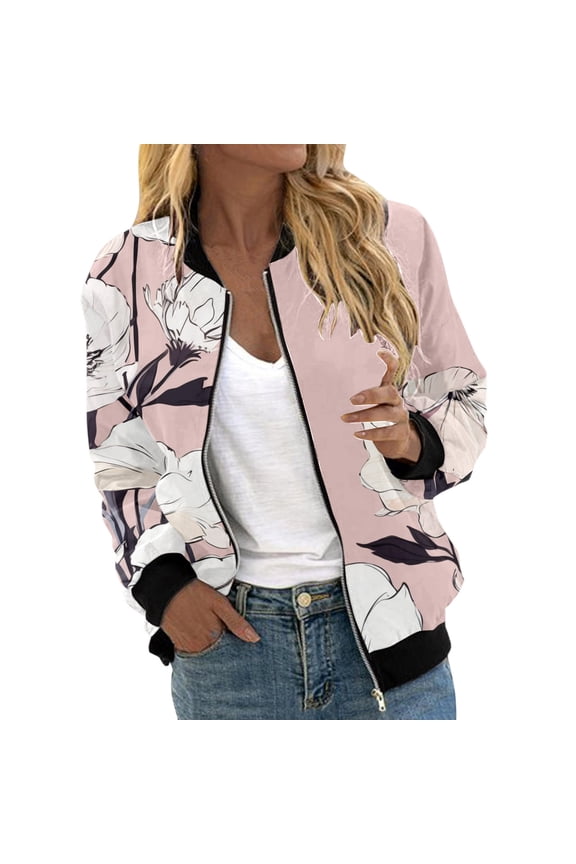 Womens Floral Printed Bomber Jackets Lightweight Zipper up Fashion Stand Collar Coats Casual Loose Fit Long Sleeve Full Zip Fall Jacket Windbreaker Outwear with Pockets Pink2 M