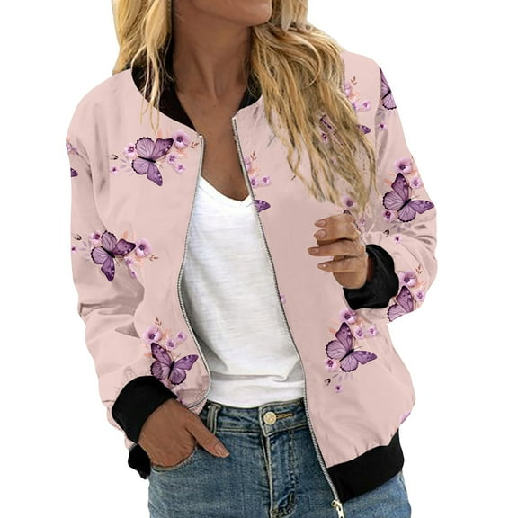 Arlun Womens Floral Printed Bomber Jackets Lightweight Zipper up Fashion Stand Collar Coats Casual Loose Fit Long Sleeve Full Zip Fall Jacket Windbreaker Outwear with Pockets Pink3 M