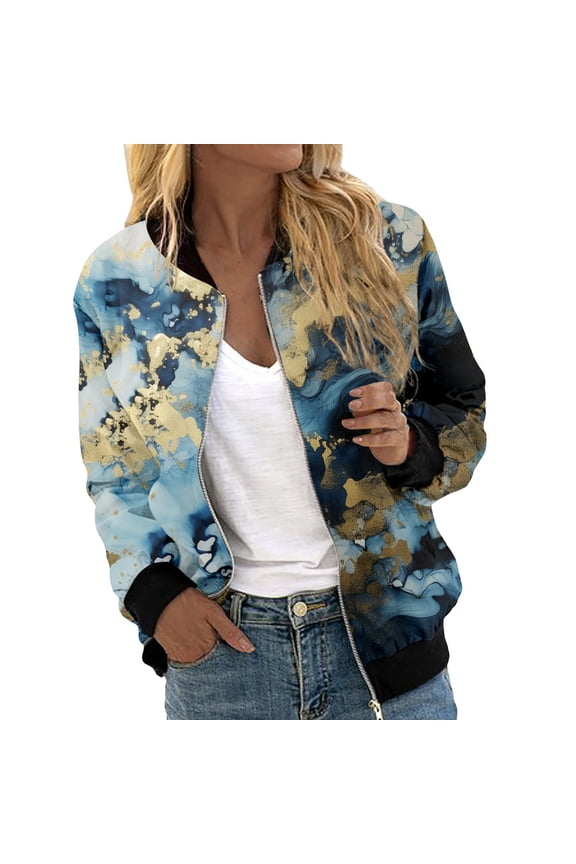 Womens Floral Printed Bomber Jackets Lightweight Zipper up Fashion Stand Collar Coats Casual Loose Fit Long Sleeve Full Zip Fall Jacket Windbreaker Outwear with Pockets Blue4 XXL