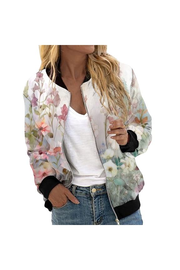 Womens Floral Printed Bomber Jackets Lightweight Zipper up Fashion Stand Collar Coats Casual Loose Fit Long Sleeve Full Zip Fall Jacket Windbreaker Outwear with Pockets Light Pink3 M