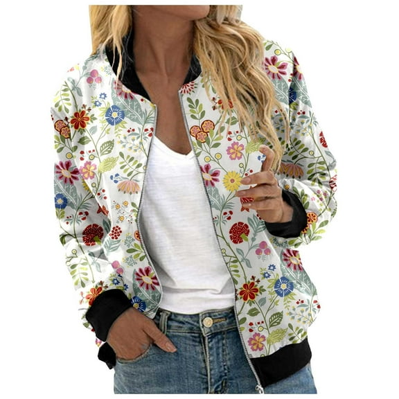 Arlun Womens Floral Printed Bomber Jackets Lightweight Zipper up Fashion Stand Collar Coats Casual Loose Fit Long Sleeve Full Zip Fall Jacket Windbreaker Outwear with Pockets Light Yellow L