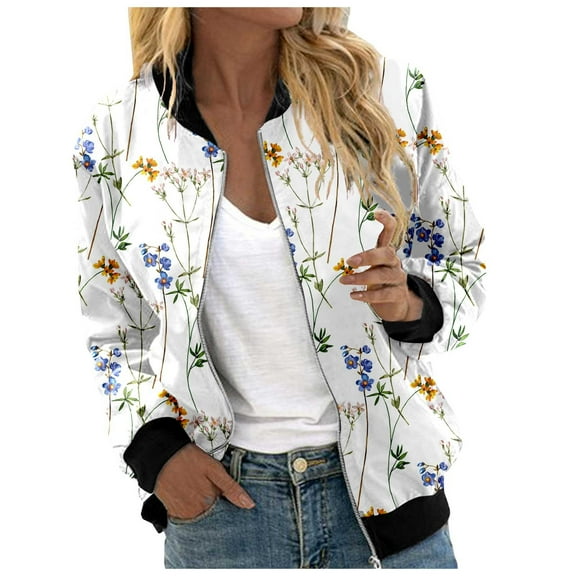 Arlun Womens Floral Printed Bomber Jackets Lightweight Zipper up Fashion Stand Collar Coats Casual Loose Fit Long Sleeve Full Zip Fall Jacket Windbreaker Outwear with Pockets White L