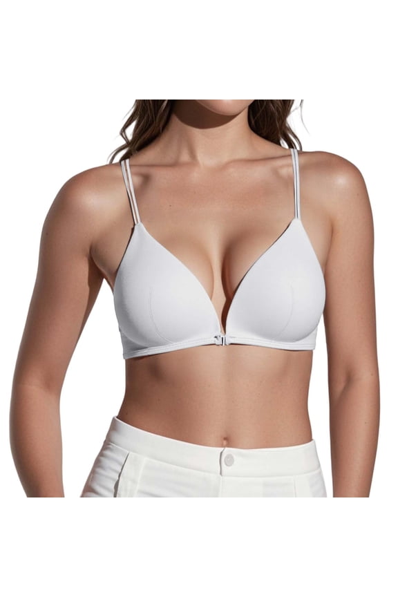 Womens Front Closure Bras Push up No Underwire Deep V Triangle Bralettes Low Cut Padded Thin Shoulder Straps Comfy Smooth and Seamless Front Buckle Everyday Bra White M